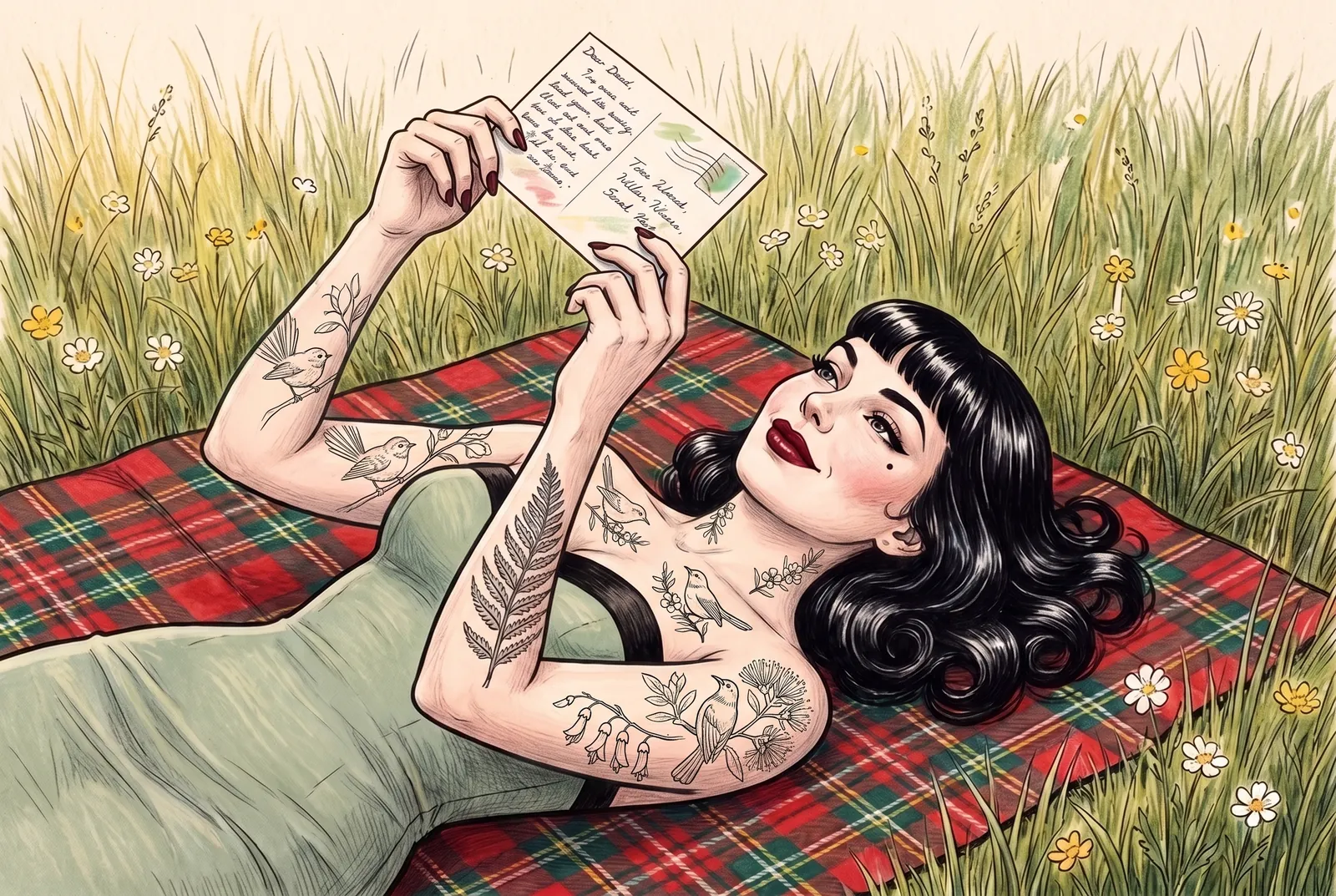 A drawing of Marlo Wren lying on a tartan rug in long grass, reading a card held up to the sky