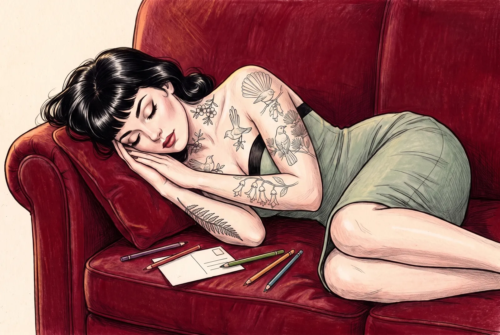A drawing of Marlo Wren asleep on a red chaise, her pencils and a card beside her