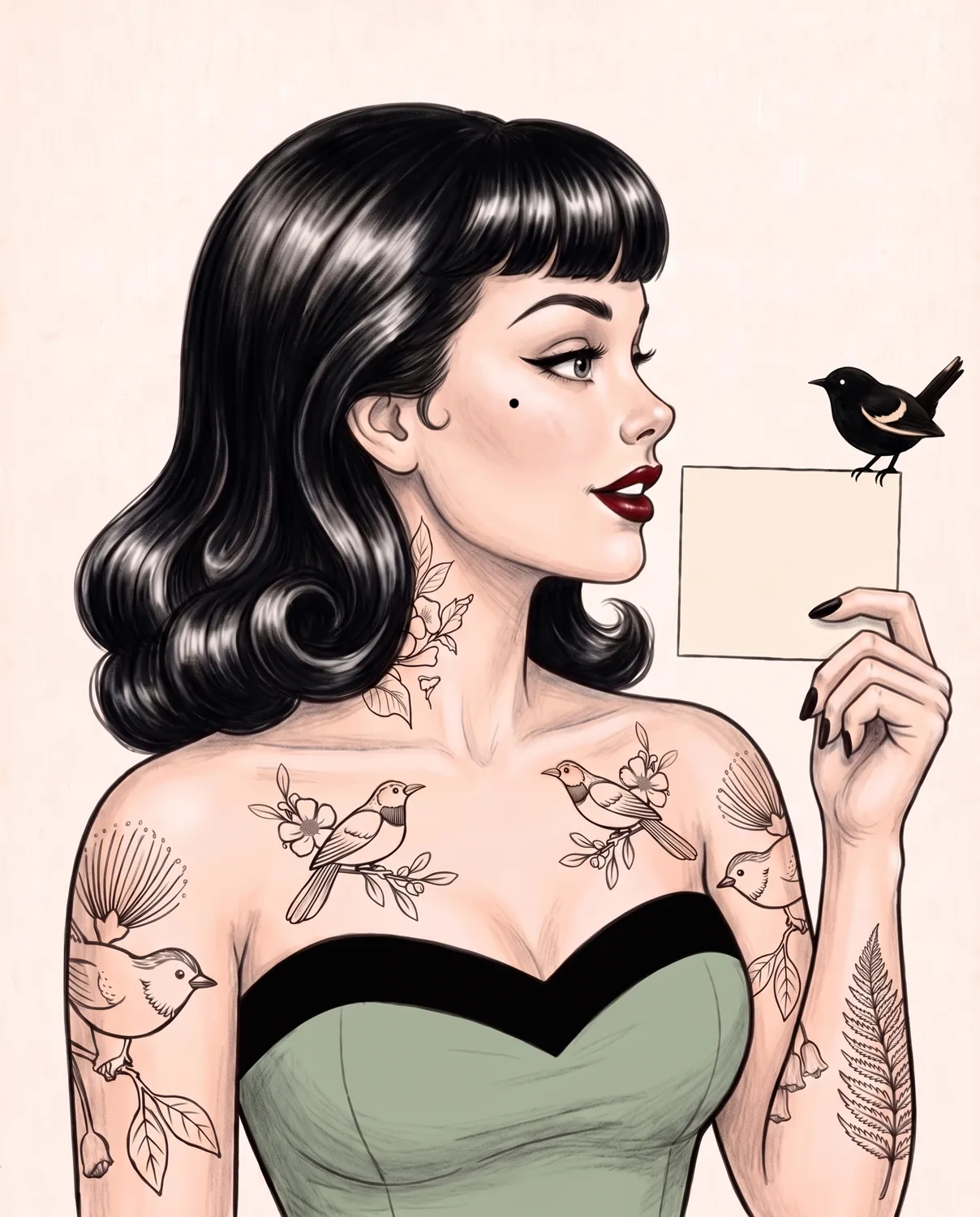 A drawing of Marlo Wren holding up a blank card, the wren perched on its corner and her eyes on it