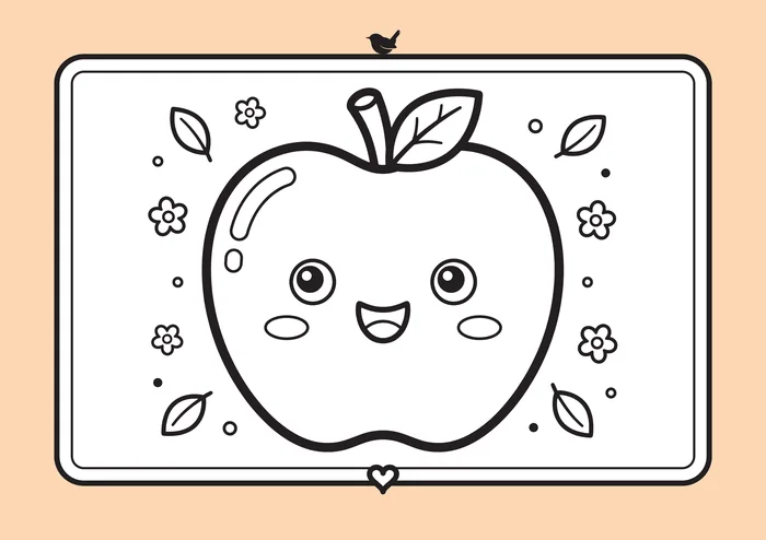 An apple, a line drawing to colour