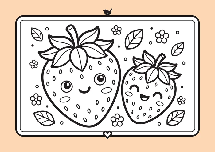 Strawberries, a line drawing to colour