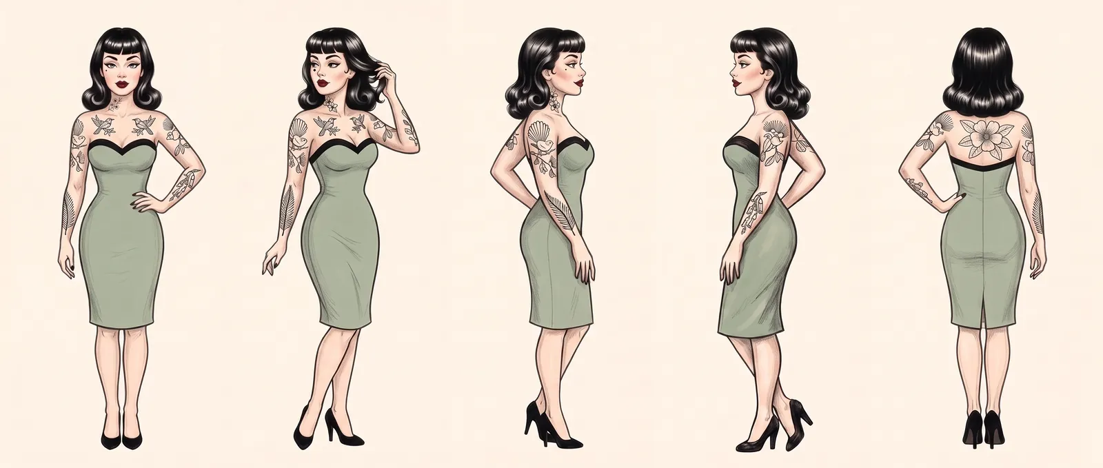 Five drawings of Marlo Wren standing, from the front, the side and the back, in her sage dress