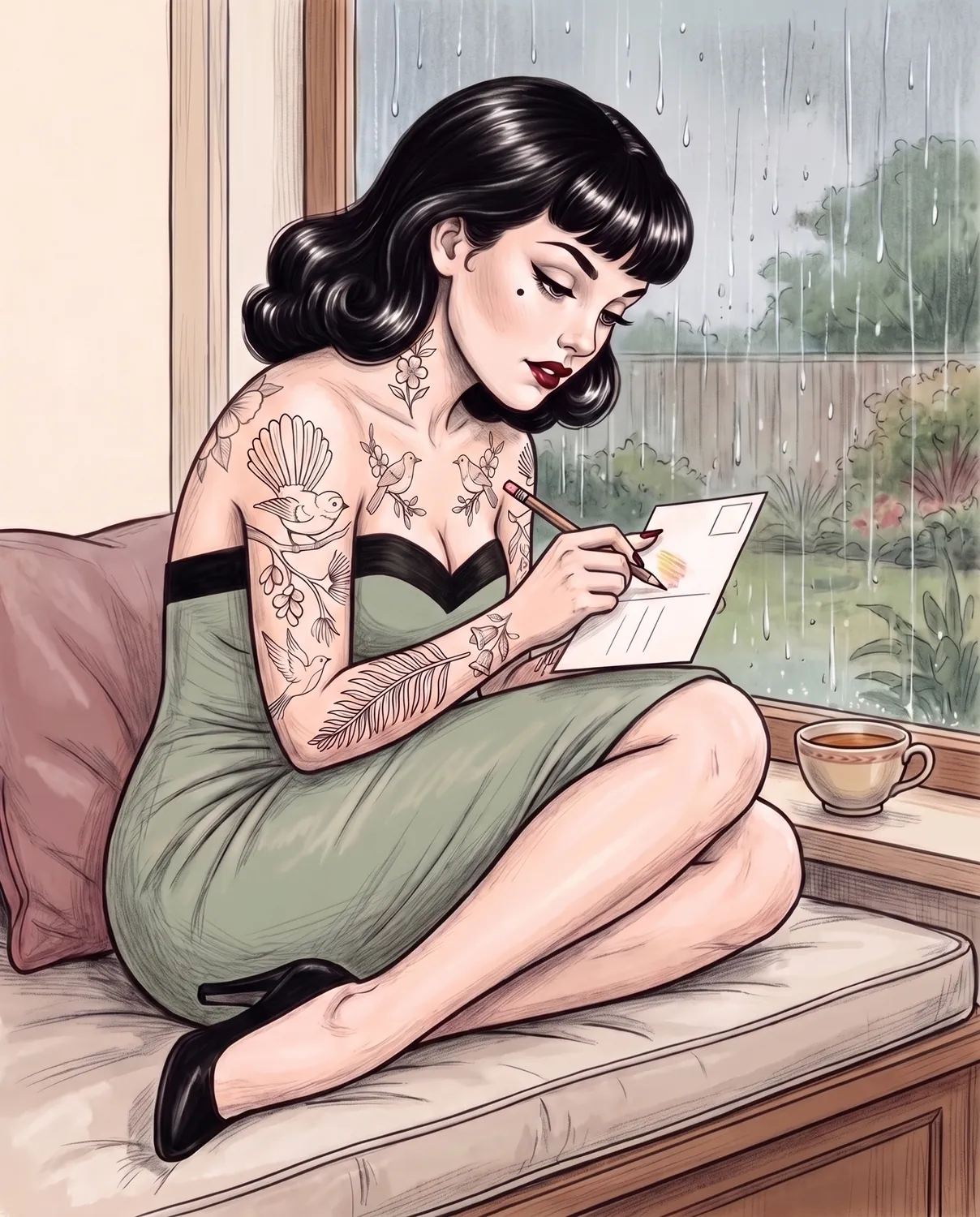 A drawing of Marlo Wren writing on the back of a card at a window seat while it rains