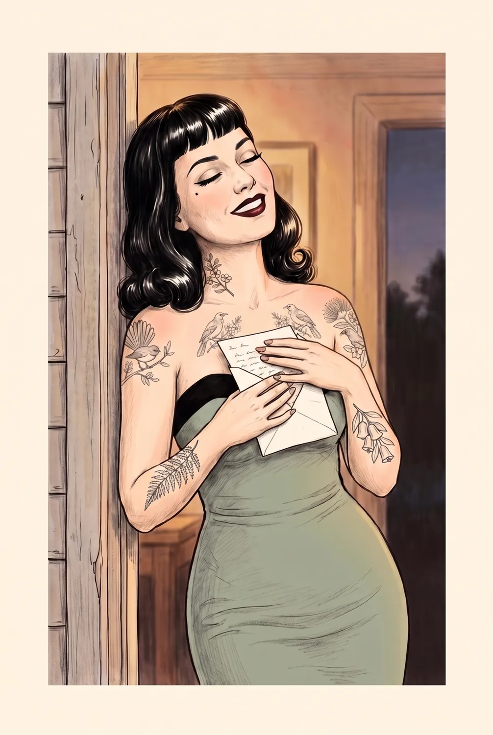 A drawing of Marlo Wren in a doorway at dusk, a card pressed to her chest