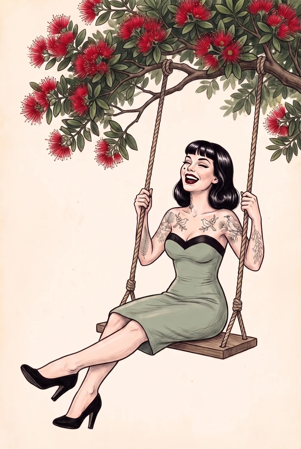 A drawing of Marlo Wren laughing on a swing under a pōhutukawa in flower