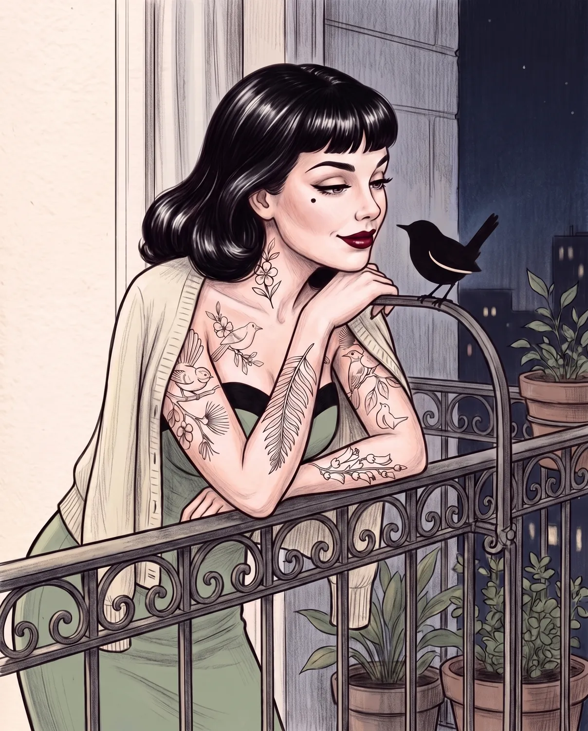 A drawing of Marlo Wren leaning on a balcony rail at night, watching the wren beside her hand