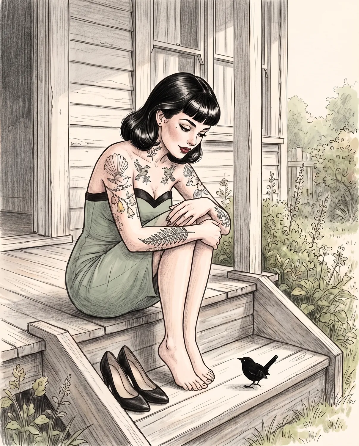 A drawing of Marlo Wren on the back steps, barefoot, watching the wren on the step below