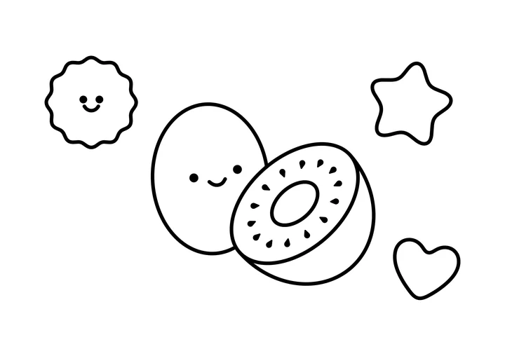 A kids colouring card: a smiling kiwifruit, a star, a heart and a sun, ready to colour.
