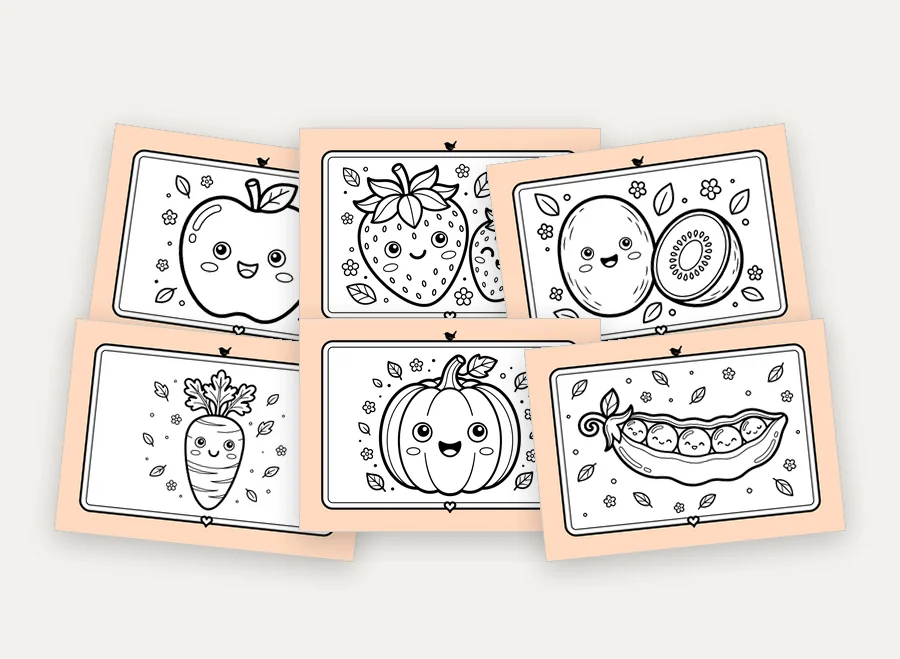 Six free Garden Friends cards for kids, smiling fruit and veg, fanned out