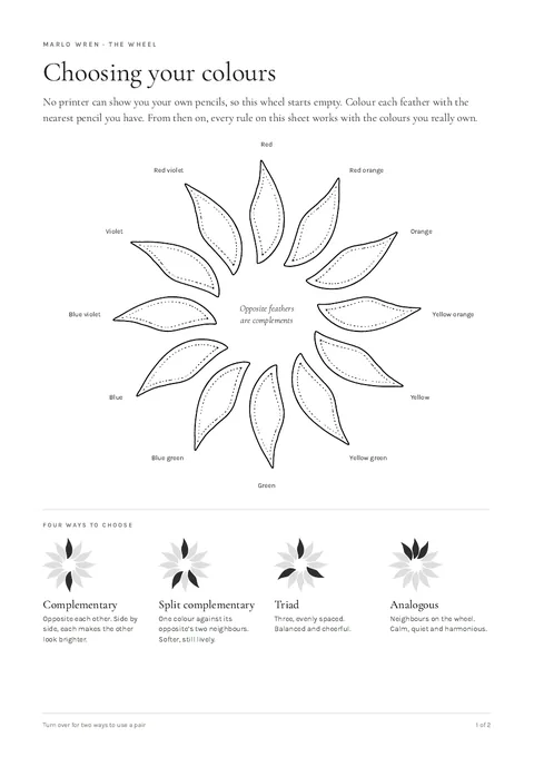 The first page of Choosing your colours: an empty colour wheel to fill in with your own pencils