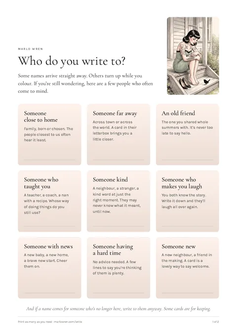 The first page of Who do you write to? Nine people who often come to mind, beside Marlo Wren on the back steps