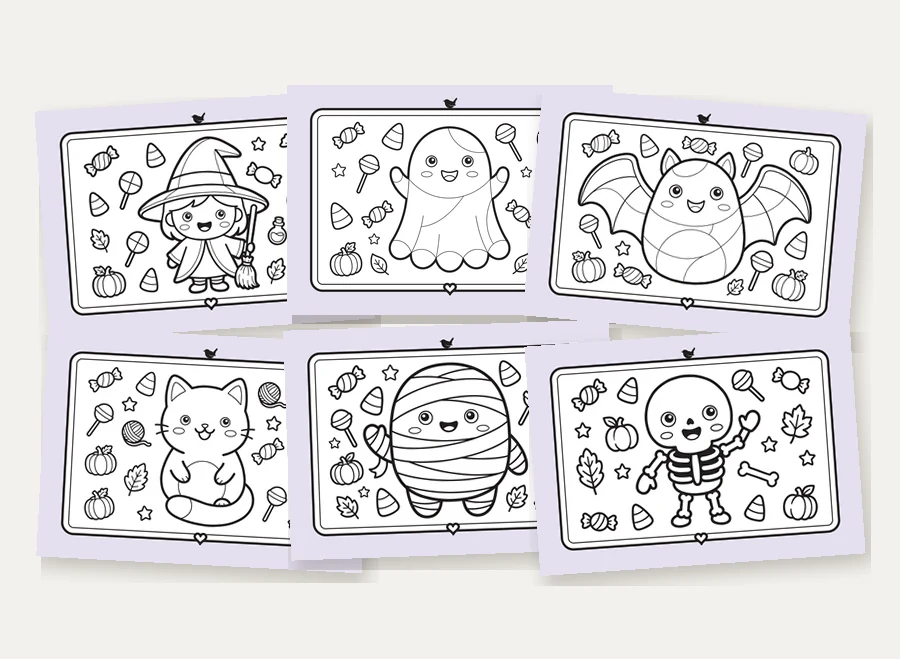 Six Halloween Friends cards for kids, fanned out: a little witch, a ghost, a bat, a cat, a mummy and a skeleton among sweets and pumpkins