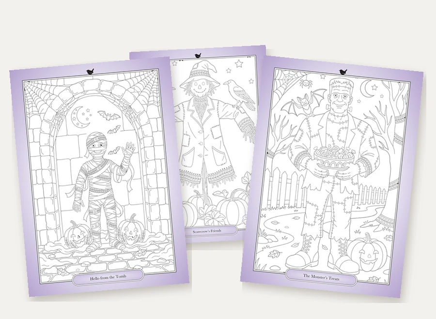 Three Halloween Night cards fanned out: a mummy waving from a stone arch, a scarecrow with a crow, and a friendly monster carrying a bowl of treats