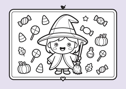 The little witch card in the colour version, lilac around the frame