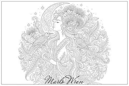 Summer Queen, a line drawing to colour
