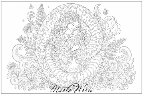 First Breath, a line drawing to colour