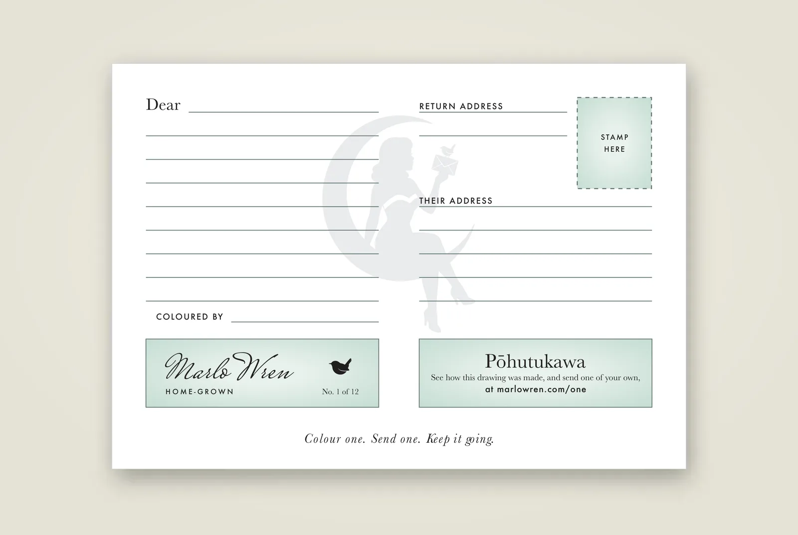 The back of the postcard: lines for a message, their address and your return address, and a line for who coloured it
