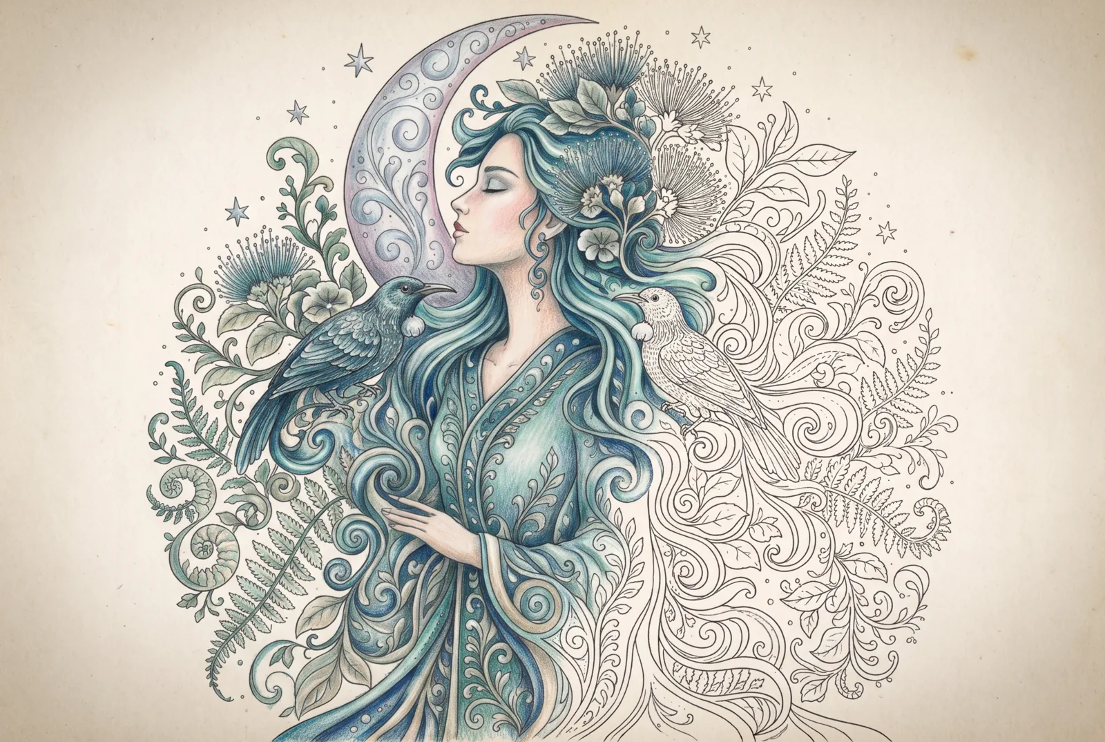 Summer Queen, shown half coloured: one side filled in, the rest still bare line