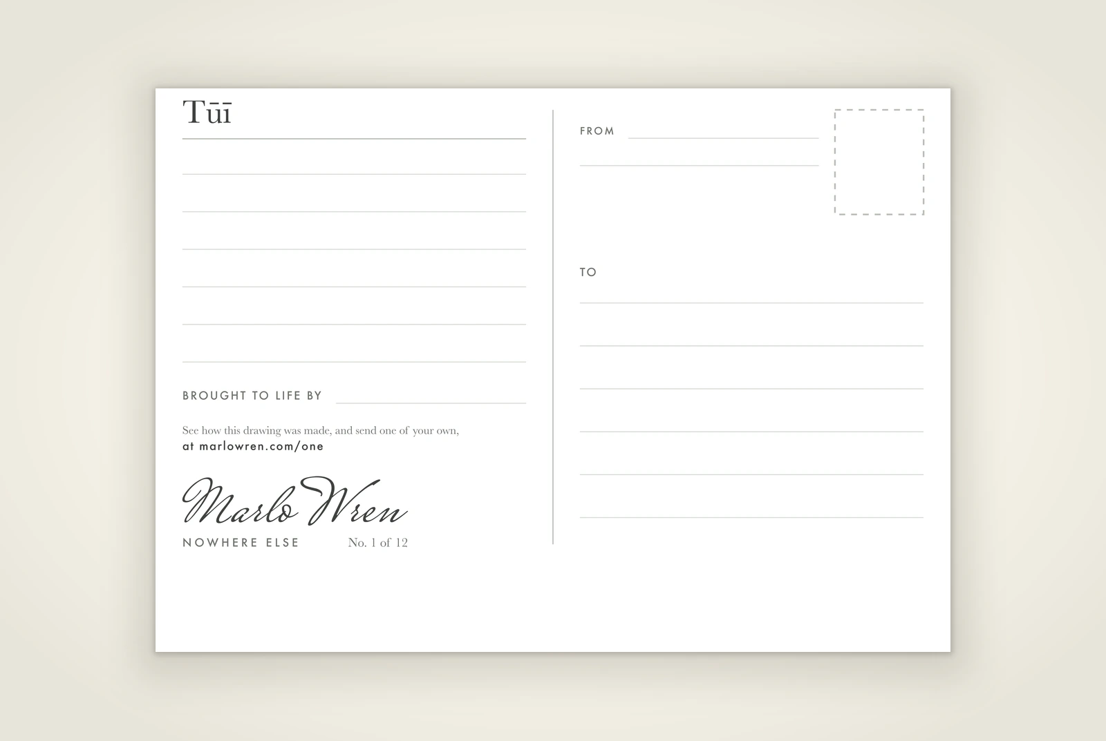 The back of the postcard, lined for an address and a message