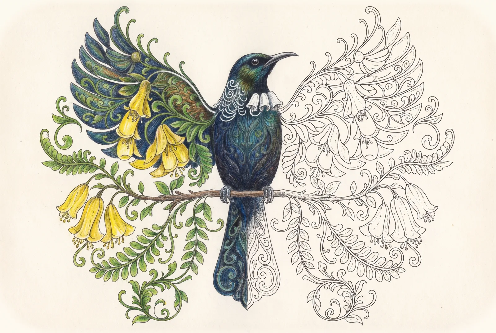 Tūī, shown half coloured: one side filled in, the rest still bare line
