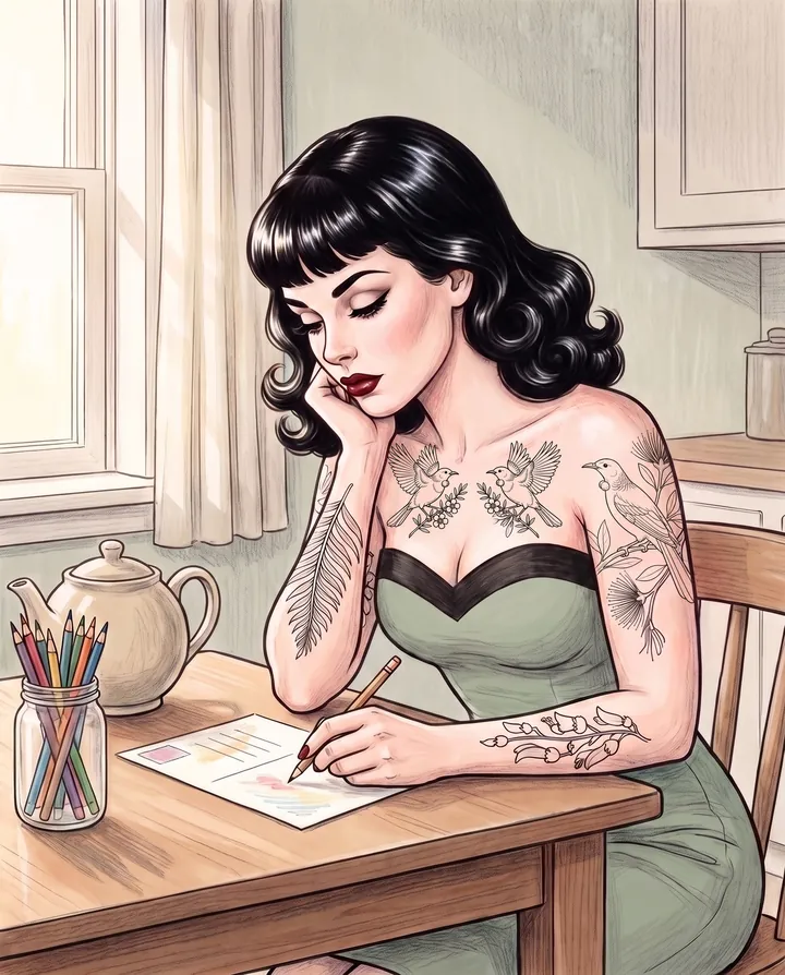 A drawing of Marlo Wren colouring a card at the kitchen table in the morning