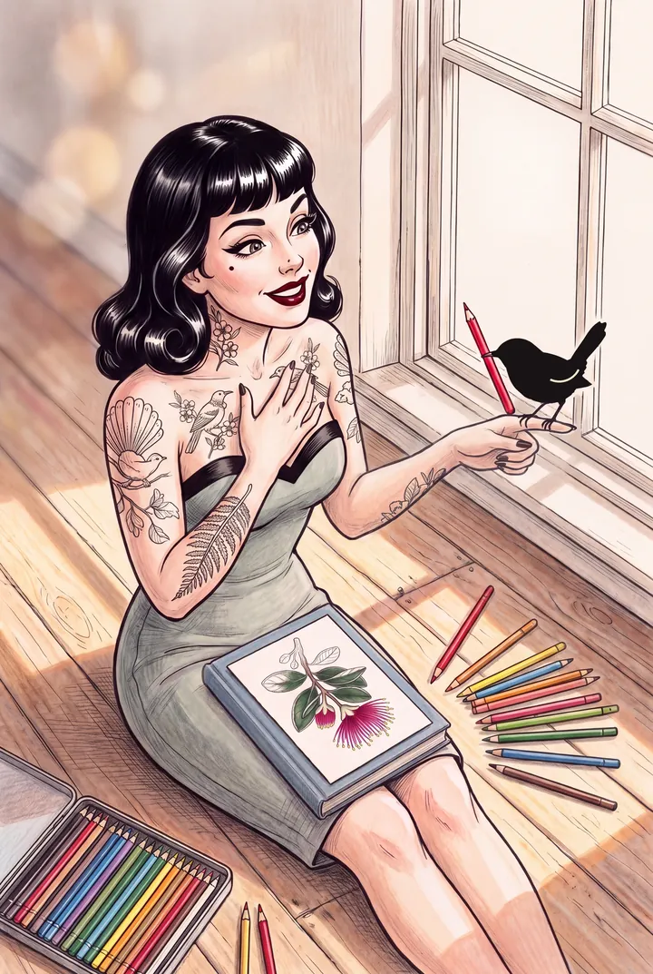 A drawing of Marlo Wren colouring on the floor by a sunny window, smiling at the wren on her pencil