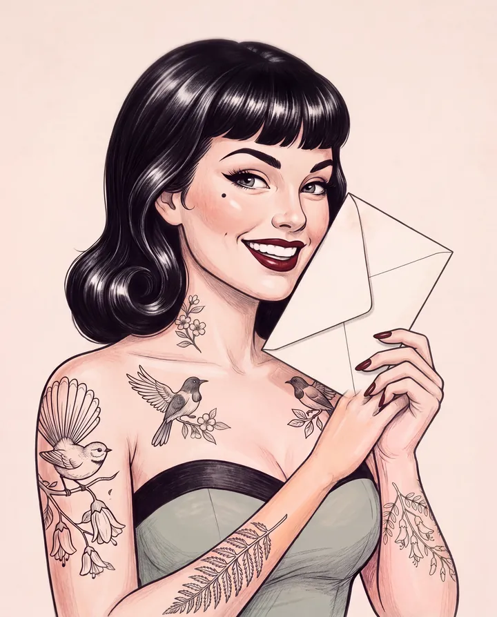 A drawing of Marlo Wren smiling past the camera, an envelope held up beside her face