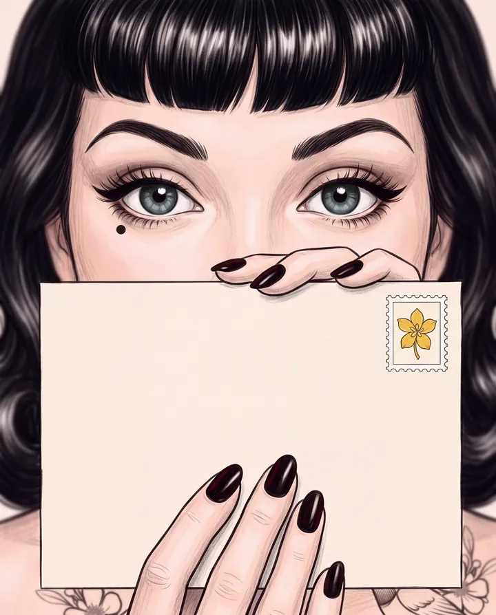 A drawing of Marlo Wren looking over an envelope she holds up close