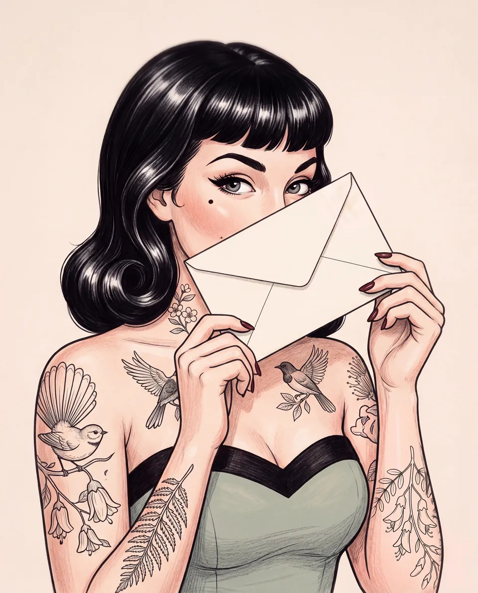 A drawing of Marlo Wren peeking over an envelope she holds up to her face