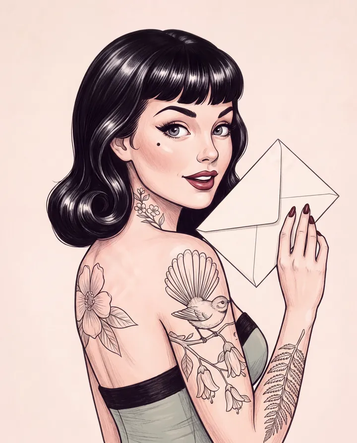 A drawing of Marlo Wren smiling over her shoulder, an envelope in her hand
