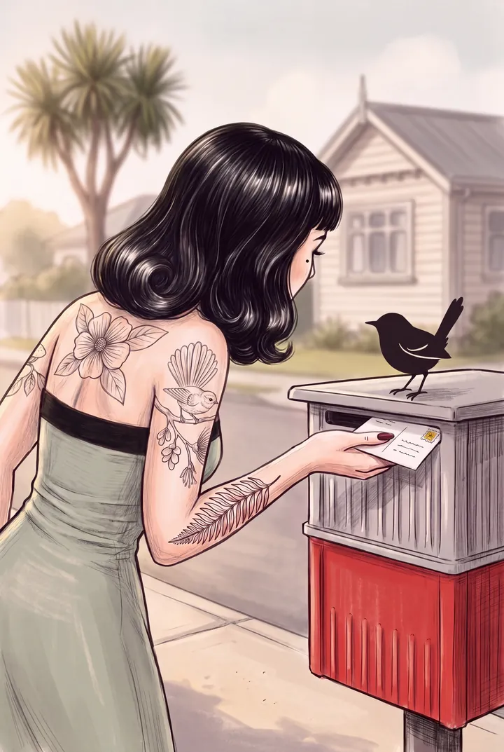 A drawing of Marlo Wren posting a card into a street post box, the wren on top of it