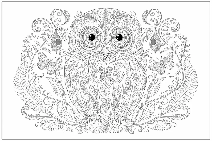 Ruru morepork owl facing forward inside rings of ferns