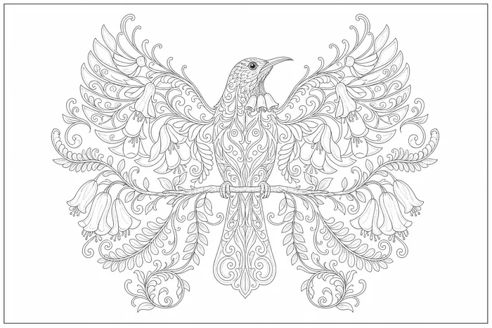 Tūī, a line drawing to colour