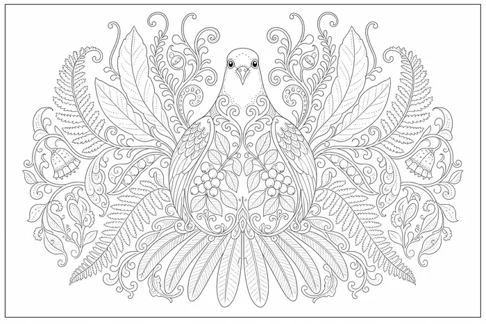 Kererū, a line drawing to colour, shown at an angle
