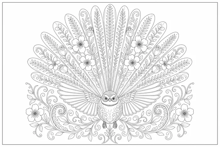 Fantail · Pīwakawaka, a line drawing to colour, shown at an angle