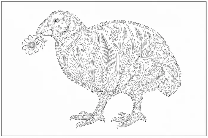 Takahē, a line drawing to colour, shown at an angle