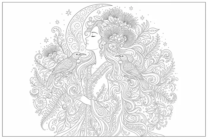 Summer Queen, a line drawing to colour, shown at an angle