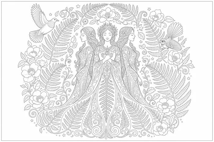 Sisterhood, a line drawing to colour, shown at an angle