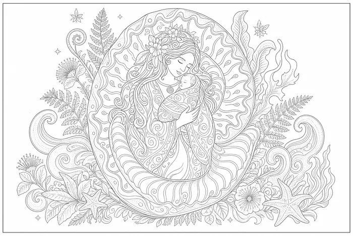 First Breath, a line drawing to colour, shown at an angle