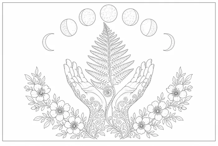 Unfurling, a line drawing to colour, shown at an angle